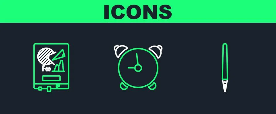 Set line Pen, Board with graph chart and Alarm clock icon. Vector Illustrazione stock