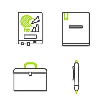 Set line Pen, Briefcase, Notebook and Board with graph chart icon. Vector Illustrazione stock