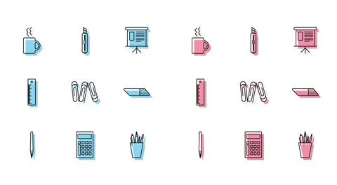Set line Pen, Calculator, Coffee cup, Pencil case stationery, Paper clip, E.. Stock Illustration