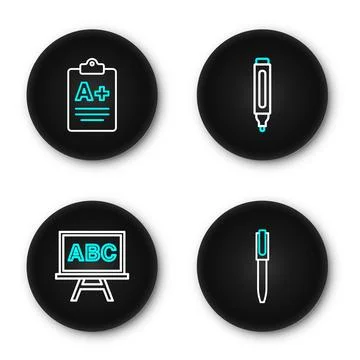 Set line Pen, Chalkboard, Marker pen and Exam sheet with A plus grade icon... Stock Illustration