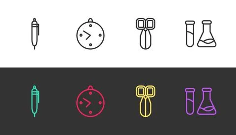 Set line Pen, Clock, Scissors and Test tube and flask on black and white. Vector Stock Illustration