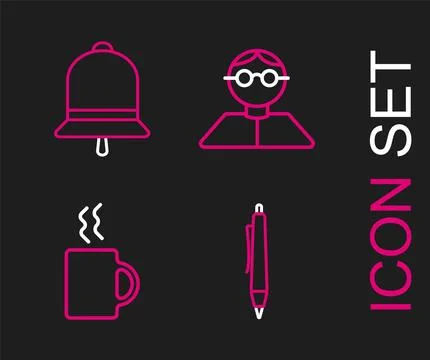 Set line Pen, Coffee cup, Student and Ringing bell icon. Vector Stock Illustration