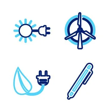Set line Pen, Electric saving plug in leaf, Rotating wind turbine and Sun w.. Stock Illustration