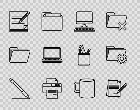 Set line Pen line, Blank notebook and pencil with eraser, Computer monitor .. 스톡 일러스트