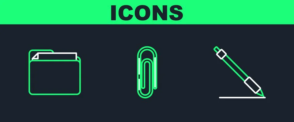 Set line Pen line, Document folder and Paper clip icon. Vector Stock Illustration