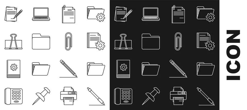 Set line Pen line Document folder settings with gears File document and paper Illustrazione stock