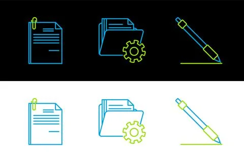 Set line Pen line, File document and paper clip and Folder settings with ge.. Illustrazione stock