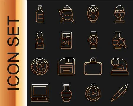 Set line Pen, Old gramophone, Ancient amphorae, Portrait picture in museum,.. Stock Illustration