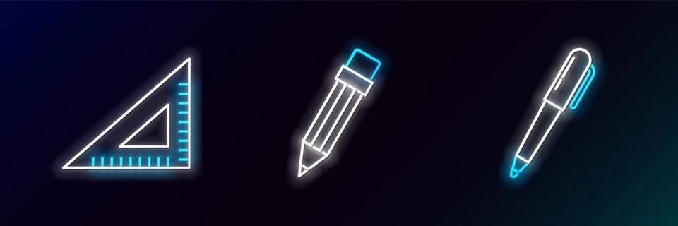 Set line Pen, Triangular ruler and Pencil with eraser icon. Glowing neon. V.. 스톡 일러스트