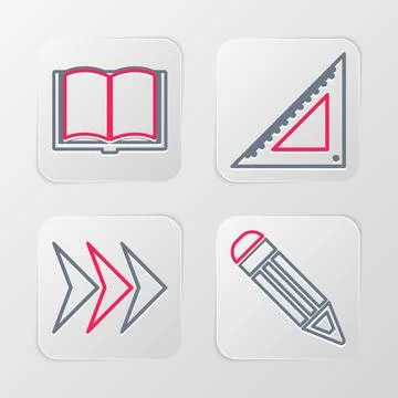 Set line Pencil, Arrow, Triangular ruler and Open book icon. Vector Stock Illustration