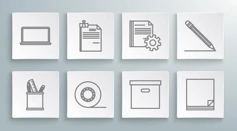 Set line Pencil case stationery, File document and binder clip, Scotch, Carton Stock Illustration