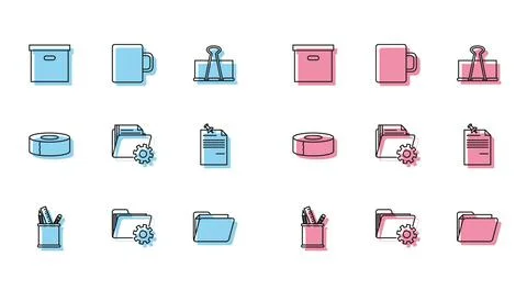 Set line Pencil case stationery, Folder settings with gears, Carton cardboa.. Stock-Illustration