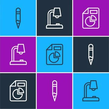 Set line Pencil, Document with graph chart and Table lamp icon. Vector Illustrazione stock