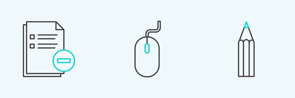 Set line Pencil, Document with minus and Computer mouse icon. Vector Illustrazione stock