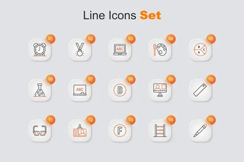 Set line Pencil with eraser, Abacus, Exam paper incorrect answers, Identifi.. Stock Illustration