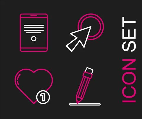 Set line Pencil with eraser, Like and heart, Arrow cursor and Tablet icon Illustrazione stock