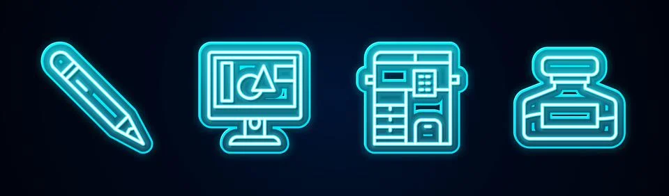 Set line Pencil with eraser, Computer monitor screen, Copy machine and Ink Stock Illustration