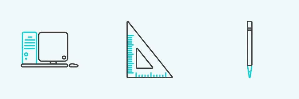 Set line Pencil with eraser, Computer monitor keyboard and mouse and Triangular Stock Illustration