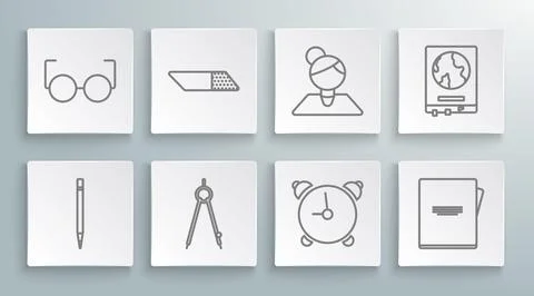Set line Pencil with eraser, Eraser or rubber, Drawing compass, Alarm clock.. Stock Illustration