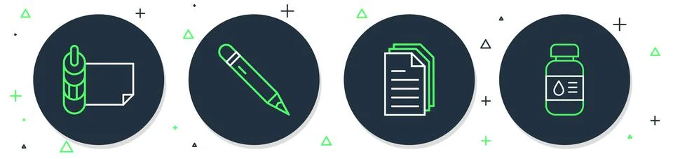 Set line Pencil with eraser, File document, Roll of paper and Printer ink bottle イラスト素材