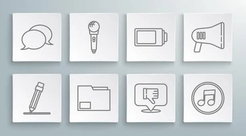 Set line Pencil with eraser, Microphone, Document folder, Dislike in speech.. Stock Illustration