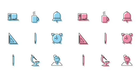 Set line Pencil with eraser, Microscope, Computer monitor keyboard and mouse イラスト素材