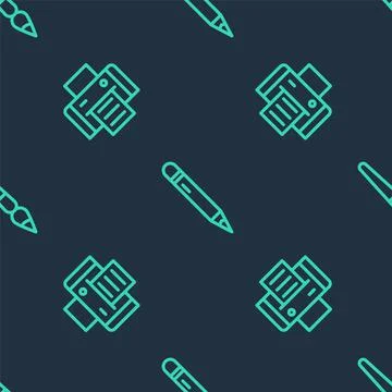 Set line Pencil with eraser, Printer and Paint brush on seamless pattern. Vector Stock Illustration
