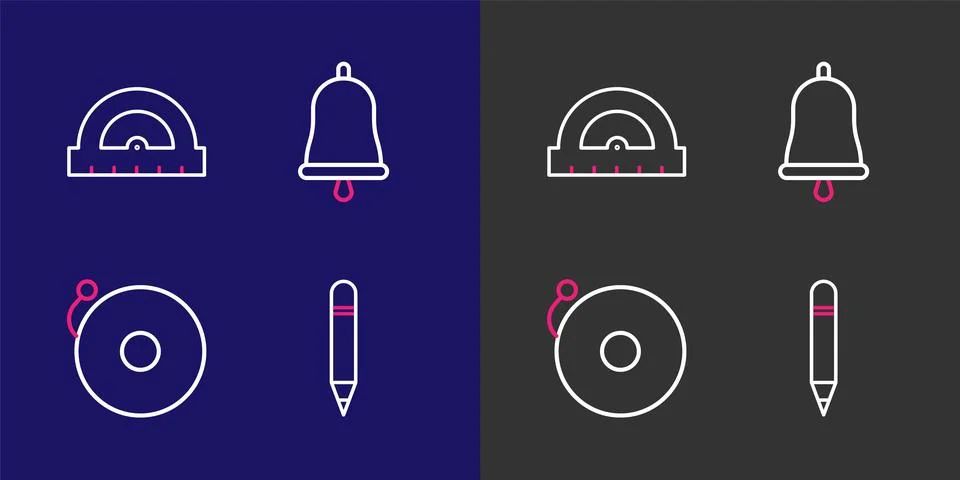 Set line Pencil with eraser, Ringing alarm bell,  and Protractor icon. Vector Stock Illustration