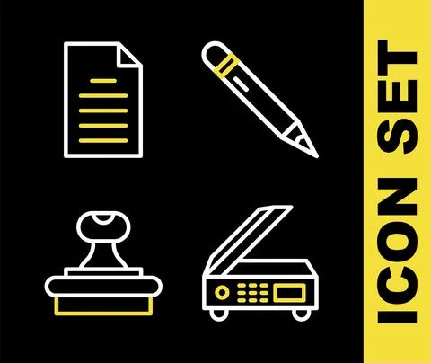 Set line Pencil with eraser, Scanner, Stamp and File document icon. Vector Stock Illustration