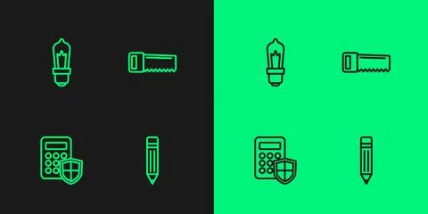 Set line Pencil with eraser, Security keypad access panel, Light bulb and Hand Stock Illustration