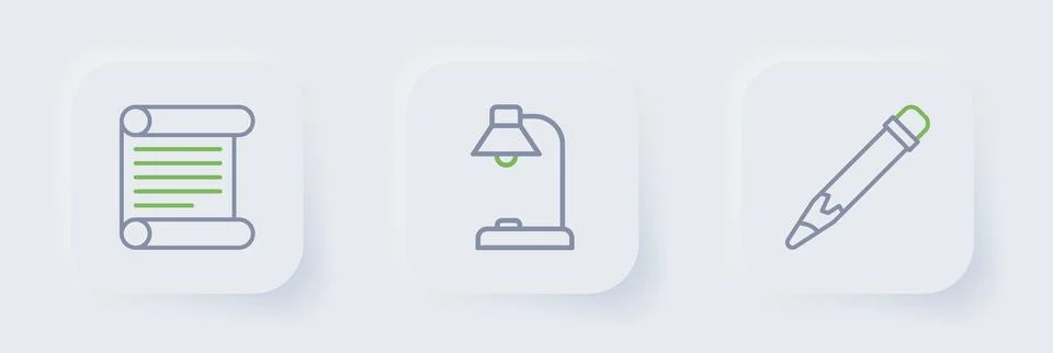 Set line Pencil with eraser, Table lamp and Decree, parchment, scroll icon... Stock Illustration