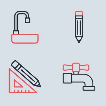 Set line Pencil with eraser, Triangular ruler and pencil, Water tap and Was.. Illustrazione stock