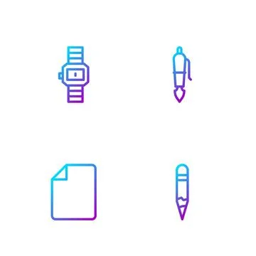 Set line Pencil, File document, Wrist watch and Fountain pen nib. Gradient color Illustrazione stock