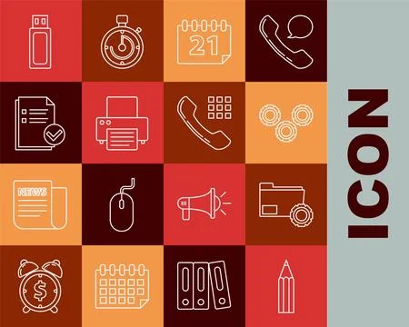 Set line Pencil, Folder settings with gears, Gear, Calendar, Printer, Docum.. Stock Illustration