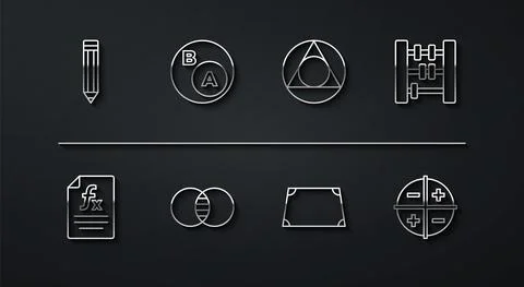 Set line Pencil, Function mathematical symbol, Abacus, Acute trapezoid shape Stock Illustration