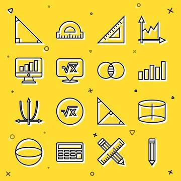 Set line Pencil, Graph, schedule, chart, diagram, Triangular ruler, Square ro Stock Illustration