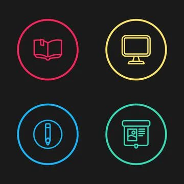 Set line Pencil, Projection screen, Computer monitor and Open book icon. Vector 스톡 일러스트
