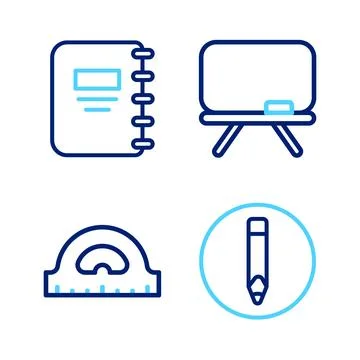 Set line Pencil, Protractor grid, Chalkboard and Notebook icon. Vector Stock Illustration