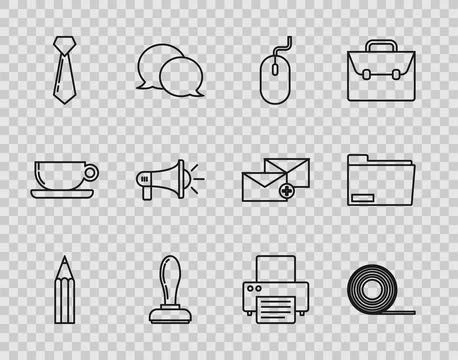 Set line Pencil, Scotch, Computer mouse, Stamp, Tie, Megaphone, Printer and Stock Illustration
