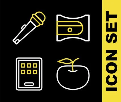 Set line Pencil sharpener, Apple, Graphic tablet and Microphone icon. Vector Illustrazione stock