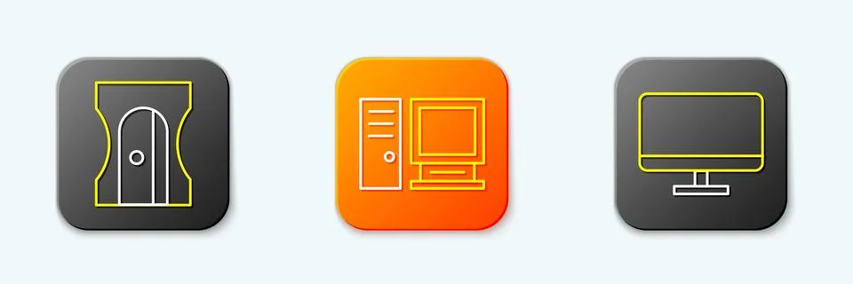 Set line Pencil sharpener, Computer monitor and screen icon. Vector Stock Illustration