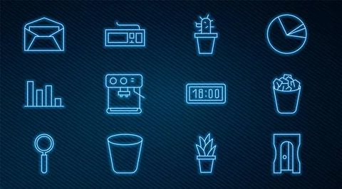 Set line Pencil sharpener, Full trash can, Cactus and succulent in pot, Coffee 库存插图