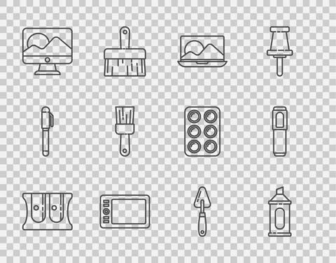 Set line Pencil sharpener, Marker, Laptop, Graphic tablet, Computer monitor 库存插图