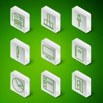 Set line Pencil sharpener, Office folders, Printer, Computer monitor screen.. Stock Illustration