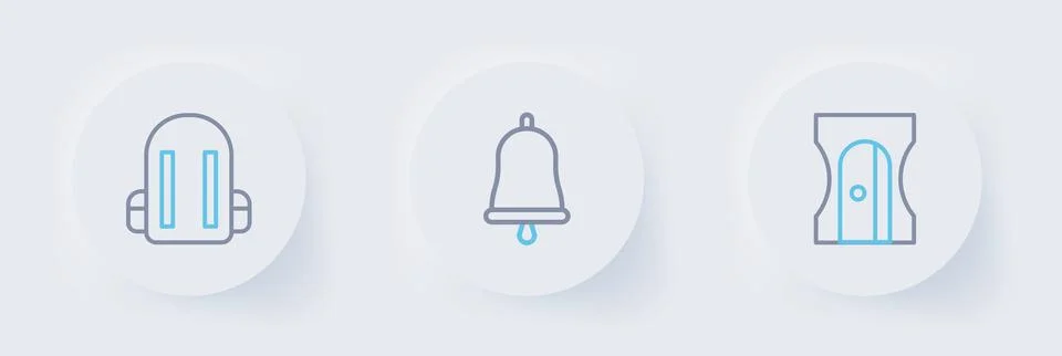 Set line Pencil sharpener, Ringing bell and School backpack icon. Vector Stock Illustration