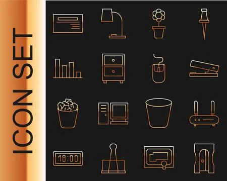 Set line Pencil sharpener Router and wi-fi signal Office stapler Flower in po Illustrazione stock