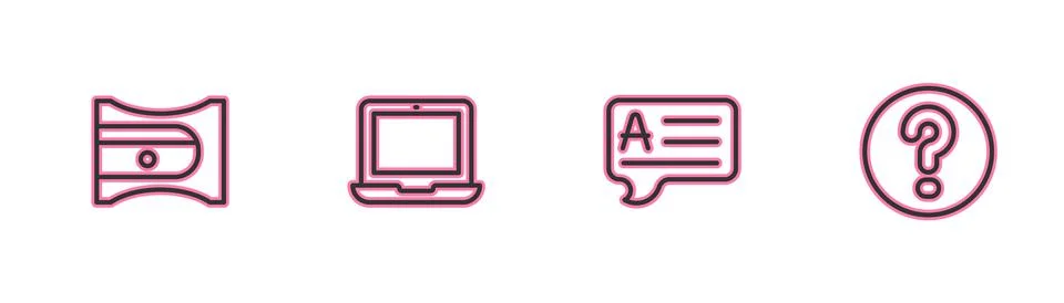 Set line Pencil sharpener, Speech bubbles with Answer, Laptop and Question ic Illustrazione stock