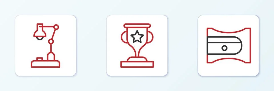 Set line Pencil sharpener, Table lamp and Award cup icon. Vector Stock Illustration
