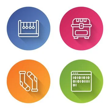 Set line Pendulum, Antique treasure chest, Socks and Binary code. Color circle Stock Illustration