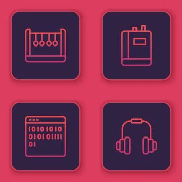 Set line Pendulum, Binary code, Book and Headphones. Blue square button. Vector Stock Illustration